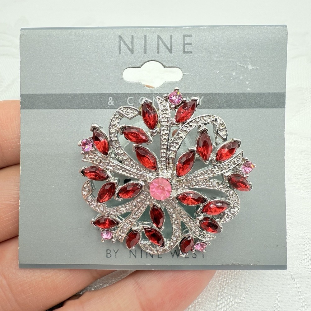 Nine West Silver Tone Red & Pink Rhinestone Flower Brooch Lapel Pin - Nine & Co.